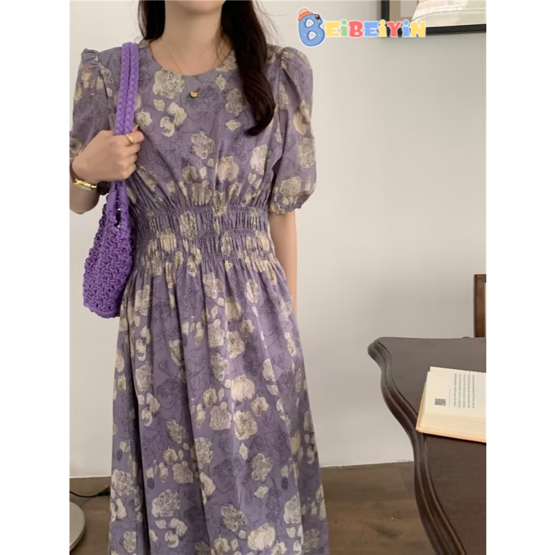 Beibeiyin Pháp phong cách nhẹ nhàng cổ tròn họa tiết thích hợp xếp li eo dáng rộng cỡ lớn ôm tay phồng váy bà bầu