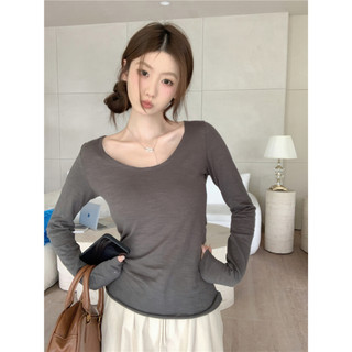 Áo thun Cotton dài tay cổ chữ U cỡ lớn màu xám giản dị vừa vặn và áo thun mỏng chống nắng đa năng