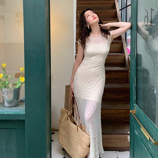Đảng Pháp Đảng Đầm Dài Ren Gợi Cảm Nữ Ôm Cổ Tròn Cổ Tròn Ngắn Tay Dài Vừa Vặn Dài Giữa Đầm Chặt