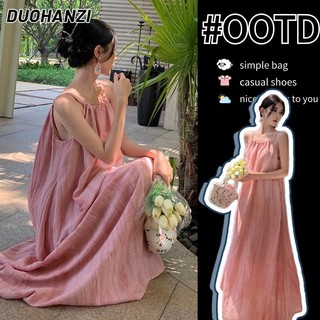 Duohanzi Đầm Nữ Đi Biển Kỳ Nghỉ Màu Hồng Rời Không Tay Phong Cách Lười Suspender Đầm