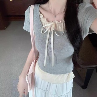 Phong Cách Ba Lê Retro Giả Hai Mảnh Áo Thun Ngắn Tay Mùa Hè Bên Trong Ngọt Ngào Thoáng Mát Nóng Phong Cách Cô Gái Slim-Fit Ngắn Top