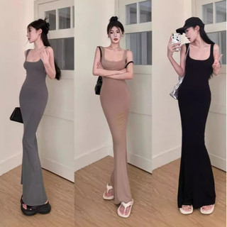 Đầm Sling Màu Cà Phê Mùa Hè Phong Cách Pháp Ôm Váy Hông Váy Đuôi Cá