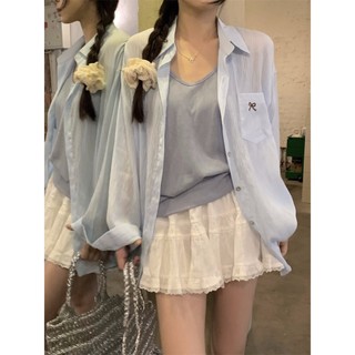 Áo sơ mi chống nắng dài tay thêu nơ phong cách Hàn Quốc
