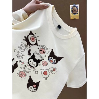 Kuromi hình đại diện nhỏ họa tiết hoạt hình áo thun trắng Áo thun nữ cổ tròn mới đa năng hàng đầu cotton Áo thun chất liệu cotton