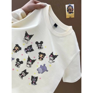 Nhà ảo thuật dễ thương Kuromi hình đại diện nhỏ họa tiết hoạt hình Áo thun trắng cổ tròn Áo thun cotton đa năng mới