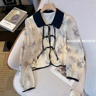 Phong Cách Hàn Quốc Nữ Nữ Voan Rời Hoa Áo Sơ Mi Tay Dài Áo Baju Baju Wanita Lengan Panjang