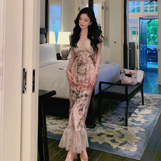 Tiệc Tiệc Đảng Pháp Gợi Cảm Hoa Sling Váy Dài Nữ Slim-fit Hẹp Eo Thiết Kế Cao Cấp Gạc Khâu Không Tay In Hình Fishta Dài Giữa Chiều Dài