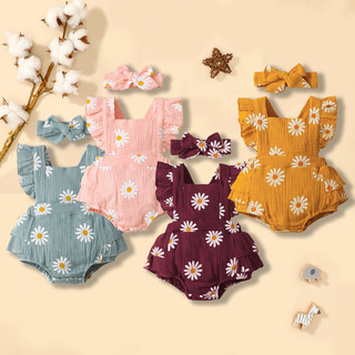 Bộ áo liền quần MIKRDOO chất cotton tay cánh tiên nhún bèo có băng đô in họa tiết hoa xinh xắn cho bé gái sơ sinh
