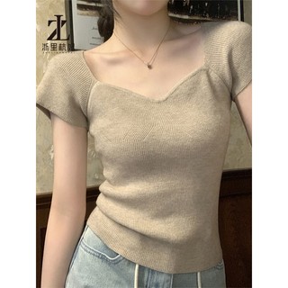 ZHELIHANGFEI Áo thun dệt kim ngắn tay hở xương đòn kiểu Pháp nữ tính cổ thấp dáng ngắn sang trọng và đẹp