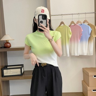 Mùa hè Phong Cách Mới Áo Thun Nữ Tay Ngắn Màu Gradient Thời Trang Tất Cả Trận Đấu Dệt Kim Đáy