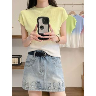 Áo Thun Nữ Tay Ngắn Mùa Hè Phong Cách Mới Slim-fit Phù Hợp Với Hàng Dệt Kim Ice Silk Ngắn T @ -