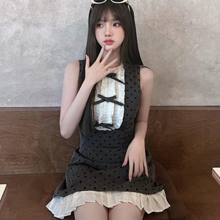 Phiên Bản Hàn Quốc Thời Trang Thông Thường Chấm Bi Chữ A Đầm Nữ Slim-Waist Tương Phản Khâu Nơ Trang Trí Cổ Tròn Không Tay Xếp Ly