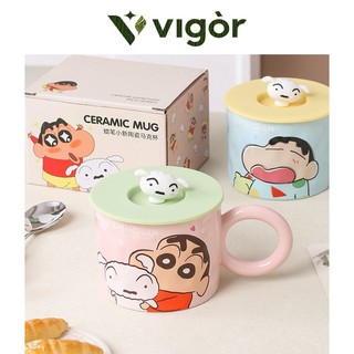 VIGOR丨Cốc hoạt hình nhỏ mới Crayon, cốc gốm có nắp, cốc gia đình chịu nhiệt độ cao, cốc cà phê cho học sinh