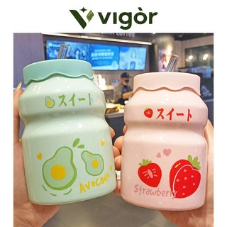 VIGOR丨Gốm Hoạt Hình Cốc Trái Cây Có Ống Hút Văn Phòng Làm Đẹp Cao Cốc Nước Cặp Đôi Đánh Dấu Cốc Có Quà Tặng Tay Cốc