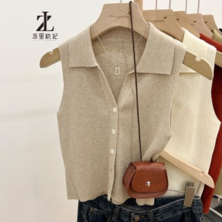 ZHELIHANGFEI Áo len dệt kim cổ POLO treo áo vest ngoài cho nữ mùa hè sang trọng băng lụa áo không tay hàng đầu