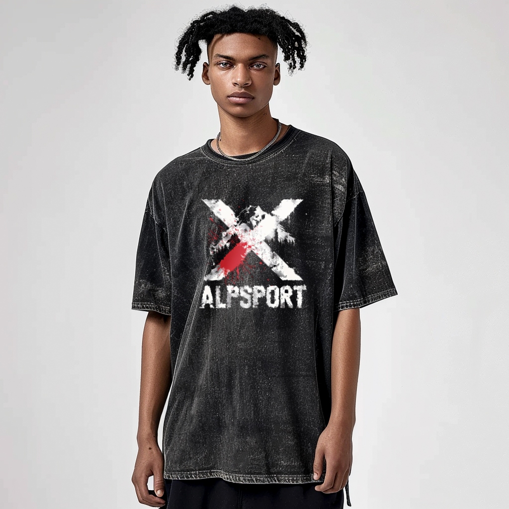 ALP X-ALPSSPORT Áo Nam Ngoại Cỡ Màu Đen Cotton Nguyên Chất Mỹ High Street Retro Phong Cách Drop-Shou