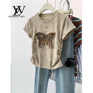 Tie-dye Bướm Trước Vai Ngắn Tay Áo Thun Nữ Mùa Hè 2024 Thiết Kế Phong Cách Mới Hẹp-Waist Slim @