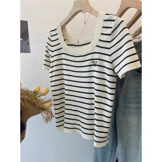 NUZIRO Áo thun ngắn tay thời trang Hàn Quốc sọc mùa hè dáng rộng nơ thêu hàng đầu