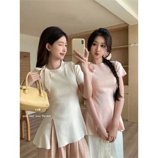 Áo thun ngắn tay dệt kim lụa băng nơ dành cho nữ mùa hè sang trọng giảm béo xẻ