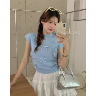 QKOOLE Áo thun ngắn cổ tròn dệt kim 3D nơ mùa hè mới dành cho nữ