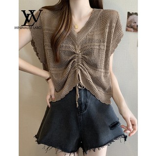Minimalist Labo Thiết kế ôm áo thun mùa hè ngắn tay nữ cổ chữ V chính hãng