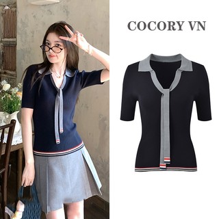 Cocorygirl Quần áo nữ phiên bản Hàn Quốc của áo dệt kim ngắn tay sọc mùa hè mới dành cho nữ