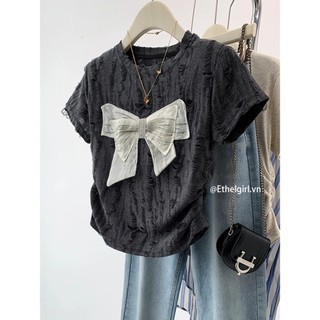 Ethelgirl Thời Trang Hàn Quốc Nơ In Cổ Tròn Tay Ngắn Áo Thun Nữ Quần Áo Phù Hợp Với Slim Top