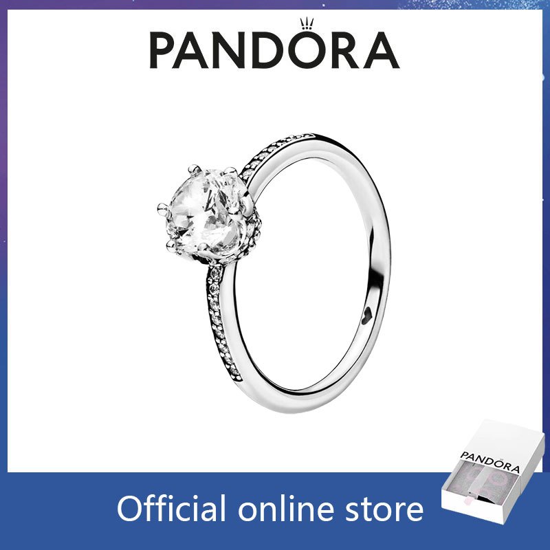 Nhẫn bạc S925 chính hãng 100% PANDORA kết hợp với nhẫn solitaire vương miện trong suốt lấp lánh 1982