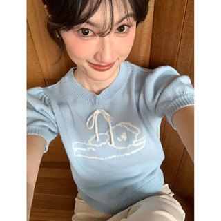  【BANKO Áo len ngắn tay nơ xanh rộng rãi dành cho nữ mùa hè 