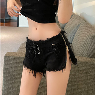   Xiao  Phong Cách Mới Dây Kéo Siêu Ngắn Quần Jean Âu Mỹ Thời Trang Gợi Cảm Thấp Cổ Rách Nữ Influencer Quần Nóng 