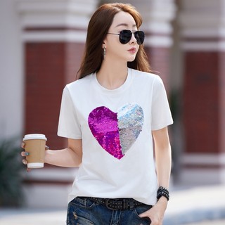 Áo thun ngắn tay cổ tròn màu trắng Sequin Love dành cho nữ dáng rộng vừa vặn