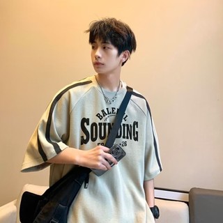 Cổ Tròn Tay Ngắn Áo nam Mùa Hè 2024 Mỹ Retro Mới In Hình Tiếng Anh Raglan Tay Màu Chặn Top Dành Cho Nam