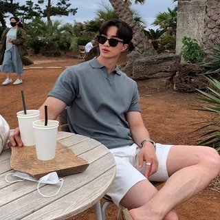 Mùa Hè Ngắn Tay Dệt Kim Áo Sơ Mi Polo Thời Trang Đơn Giản Áo Sơ Mi Tay Ngắn Trơn Vải Cao Cấp Phong Cách Nhật Bản Thời Trang Nam