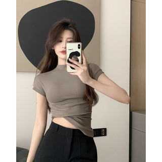 Mùa hè Pure Desire Wind Thread Cotton Slimming Slim Fit Áo thun ngắn tay cổ cao nửa cổ