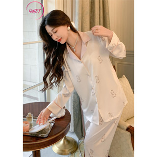 Bộ Đồ Ngủ Nữ Jacquard Satin Trắng Thỏ Quần Dài Tay 