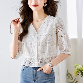 Mùa Hè 2024 Ren Áo Sơ Mi Tay Ngắn Nữ Áo Sơ Mi Ngắn Cổ Chữ v Giữa Tay Xù Váy Rộng Hẹp Top Thời Trang Độc Đáo Bông Trắng Cảm Thấy Rỗng Top