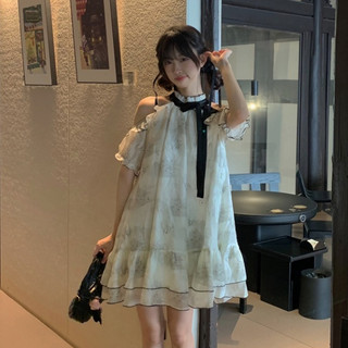 Phiên Bản Hàn Quốc Thời Trang Thường Ngày Tranh Mực In Hình Voan Đầm Nữ Cổ Tròn Rộng Dây Dài Tay Chữ A Đầm