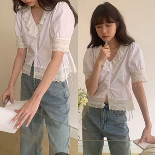 73584 Áo sơ mi ngắn tay cổ chữ V viền ren trắng