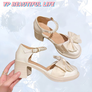 Giày Cao Gót Nơ Giày Sandal Nữ Mùa Hè 2024 Phong Cách Mới Thời Trang Phù Hợp Với Retro Dày Gót Chống Trơn Trượt Mary Jane Giày