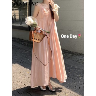 Pinxiang Váy treo mới dành cho nữ Váy dài không tay cổ chữ v kiểu Pháp