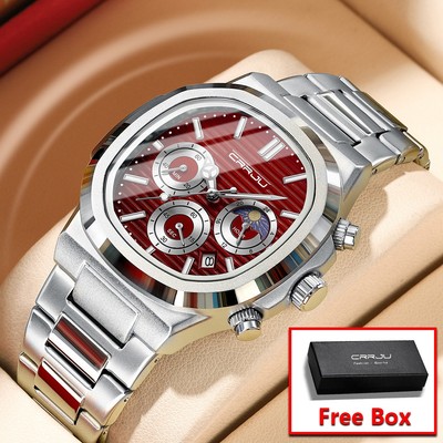 Crrju Thương Hiệu Chính Hãng Đồng Hồ Nam Thép Không Gỉ Vuông Chronograph Dạ Quang Con trỏ Thời Trang Công Sở Thạch Anh Analog Chống Thấm Nước 2309