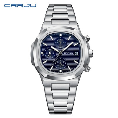 Chính Hãng CRRJU Mới Đồng Hồ Nam Dạ Quang Con trỏ Chronograph Mã Thép không gỉ Mặt Vuông Thời Trang Công Sở Thể Thao Thạch Anh Analog Chống Thấm Nước 2319X