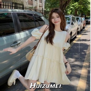Huizumei Váy treo nữ khí chất ngọt ngào váy ngắn dáng rộng váy cổ tròn giảm béo
