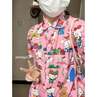 Ethelgirl Thời Trang Hàn Quốc "Hello Kitty" In Hình Hồng Áo Sơ Mi Tay Ngắn Quần Áo Nữ Rời Tất Cả Trận Đấu Hàng Đầu