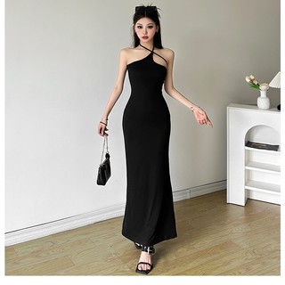 Cutenew Thanh Lịch Đen Đảng Bithday Dài Đầm Nữ Mùa Hè Lưng Đơn Giản Đi Biển Kỳ Nghỉ Midi Đầm