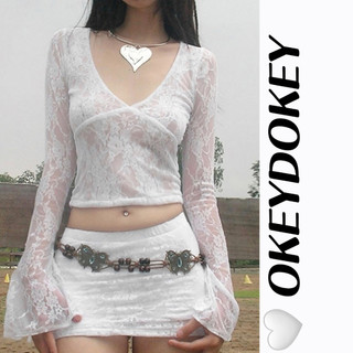Áo Crop Top Ren Xuyên Thấu Cổ V Dài Tay Thời Trang Đường Phố Cá Tính Dành Cho Nữ Odokey