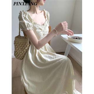 Pinxiang Váy mới dành cho nữ kiểu Pháp cổ vuông khí chất eo giảm béo Váy chữ A