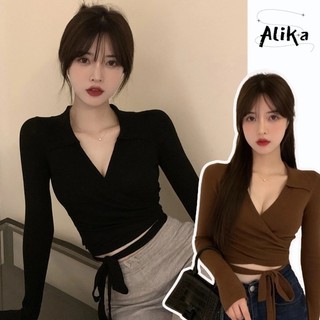 Áo thun nữ Alika dài tay y2k màu trơn đơn giản hàng ngày đa năng gợi cảm phong cách Hàn Quốc mỏng cổ chữ v có dây đeo áo sơ mi dệt kim đáy