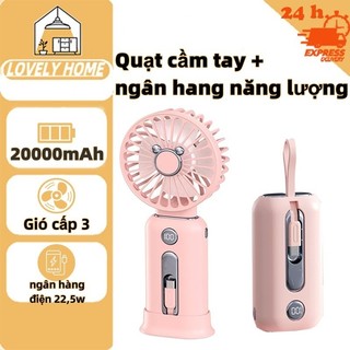 Quạt mini cầm tay + sạc dự phòng 2 in 1, màn hình LED 20000mAh sạc siêu nhanh bộ nguồn di động có dây kép，Quạt Tích Hợp Dây Sạc Kèm Theo,Sạc Nhanh, Quạt Tích Điện,Màn Hình LCD Hiển Thị Tốc Độ