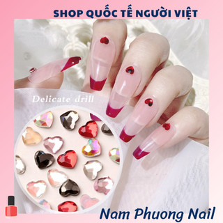 Túi 10 viên đá pha lê chân bằng size mini, đá khối 3D hình trái tim 3*3.5cm, phụ kiện nail trang trí móng